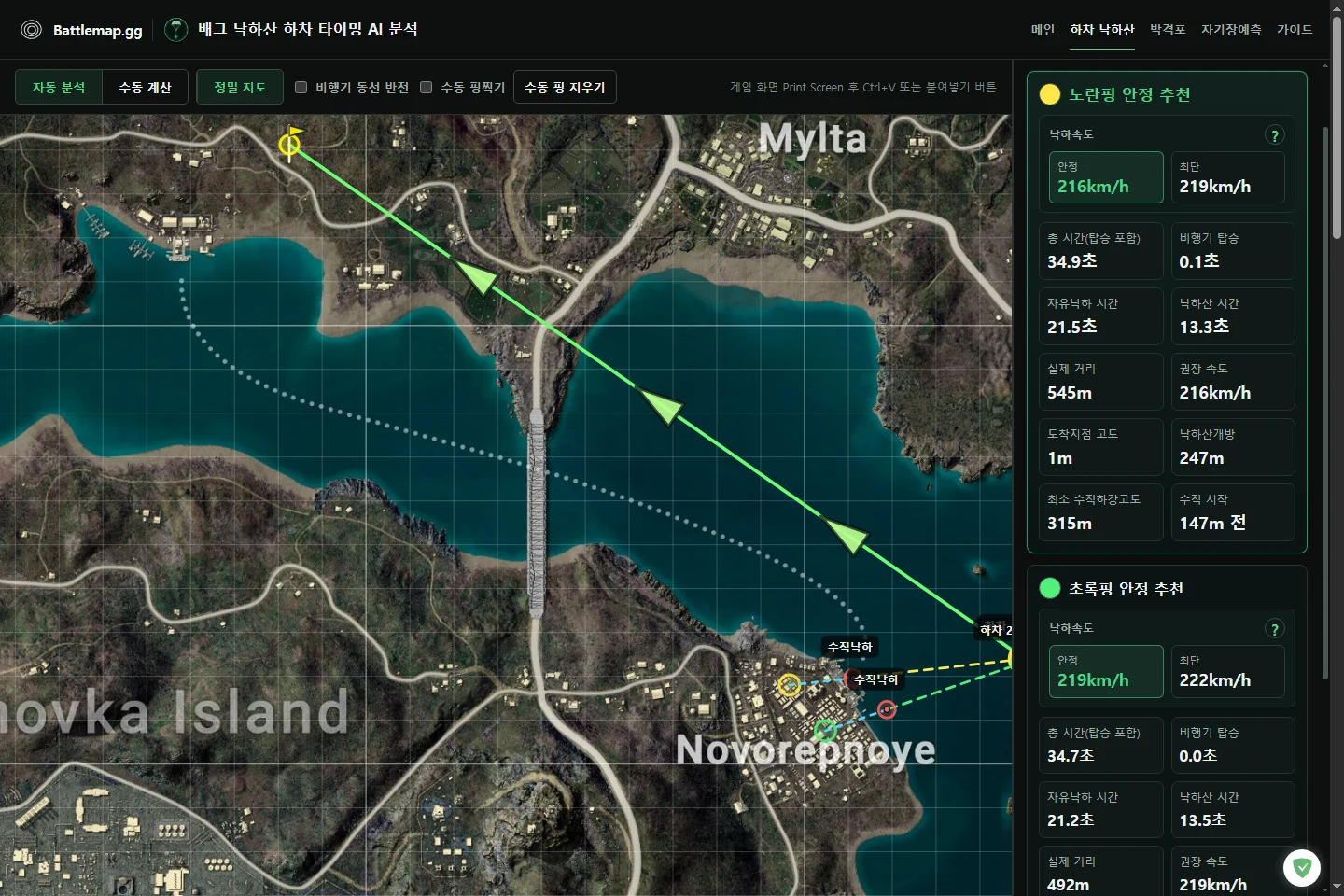 Battlemap.gg가 에란겔 노보레프노예의 두 목표 핑에 하차 지점과 수직낙하 경로를 표시한 실제 분석 결과